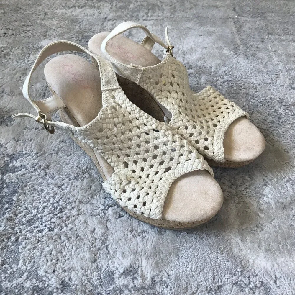 Sugar Women's 9.5 Jollie Off White Wedge Cork Slingback Crochet Sandals Shoes